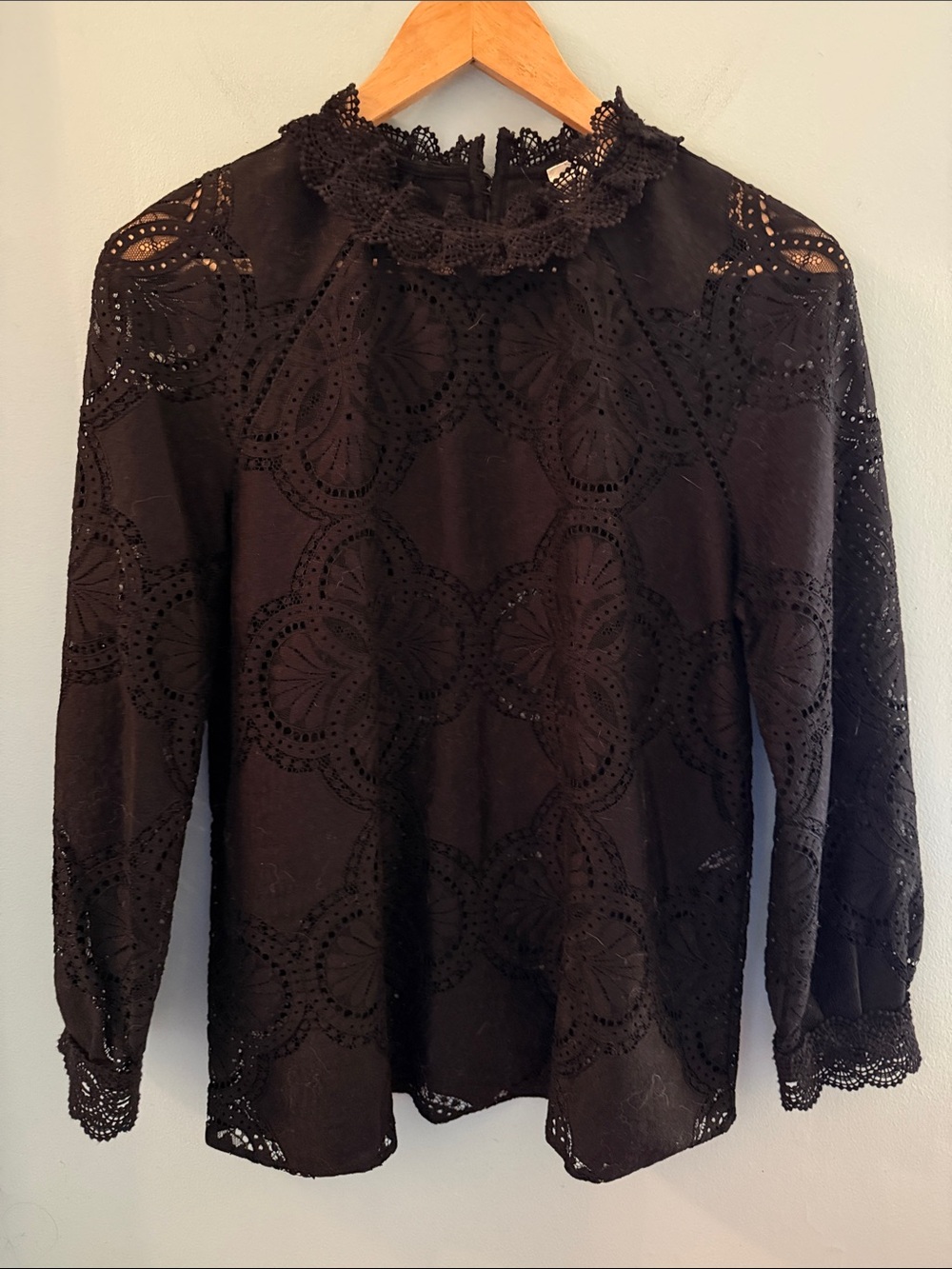 Sezane Black Eyelet Lace High-Neck Long Sleeve Blouse - Size 36